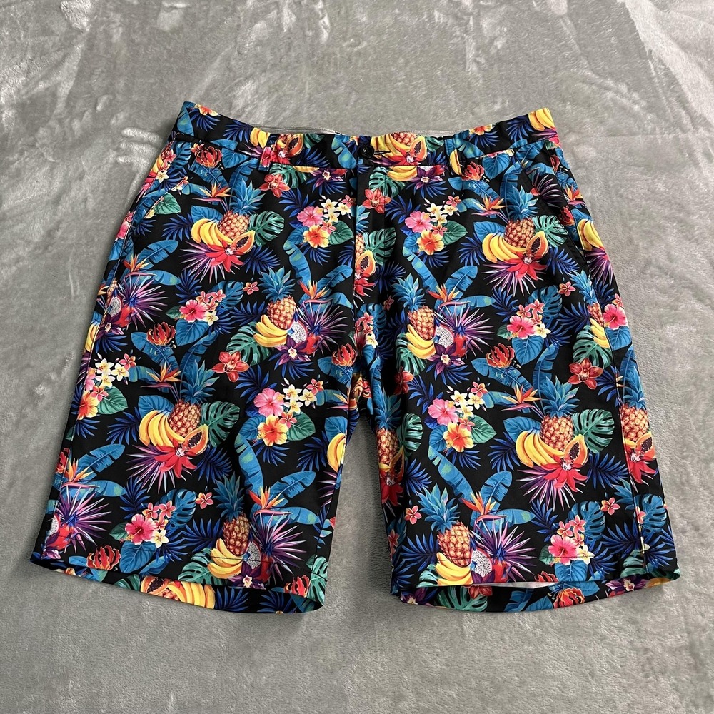 HRESKI Shorts Mens 36 Multicolor Tropical Floral Fruit Print Stretch Chino